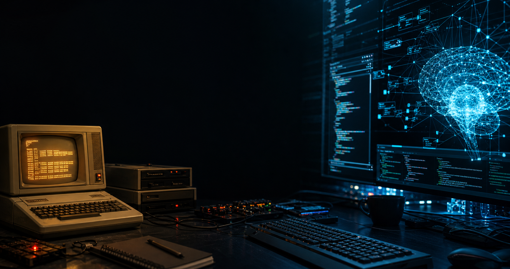 Vintage computer and modern AI coding workspace